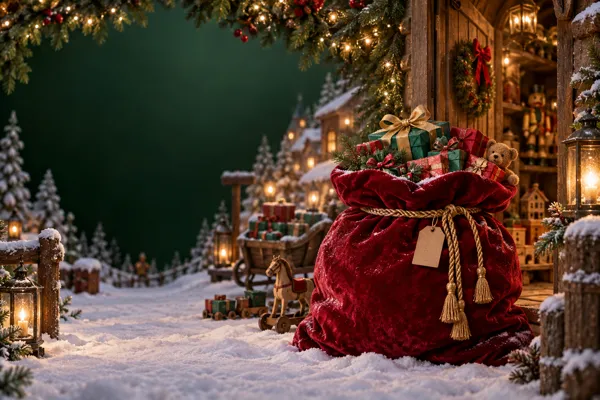 A velvet Christmas sack and wrapped presents beside a glowing lantern